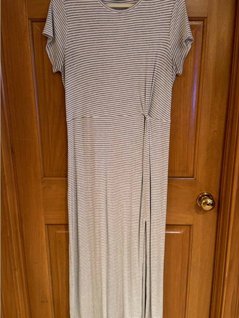 LOFT Striped Short-Sleeve Maxi Dress in Gray and White